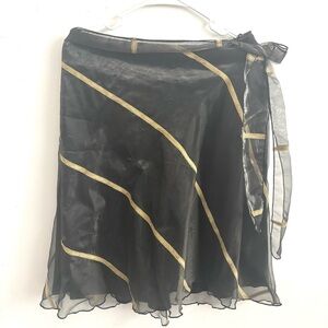 Vintage Y2K Black Gold Sheer Organza Skirt Mesh Layered Midi Party Glam Goth M/L